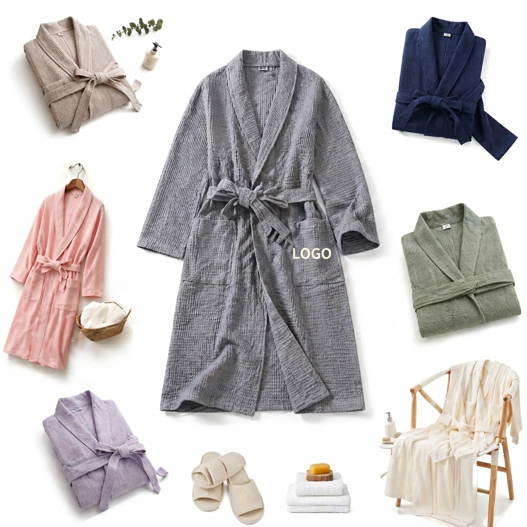 Unisex Waffle Weave Spa Robe - Lightweight Kimono Style Loungewear