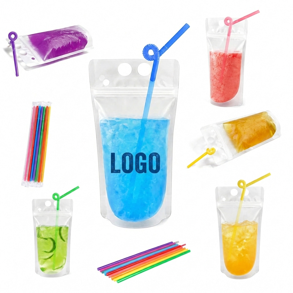 16oz Translucent Stand-up Beverage Pouch with Straw and Secure Zip Closure