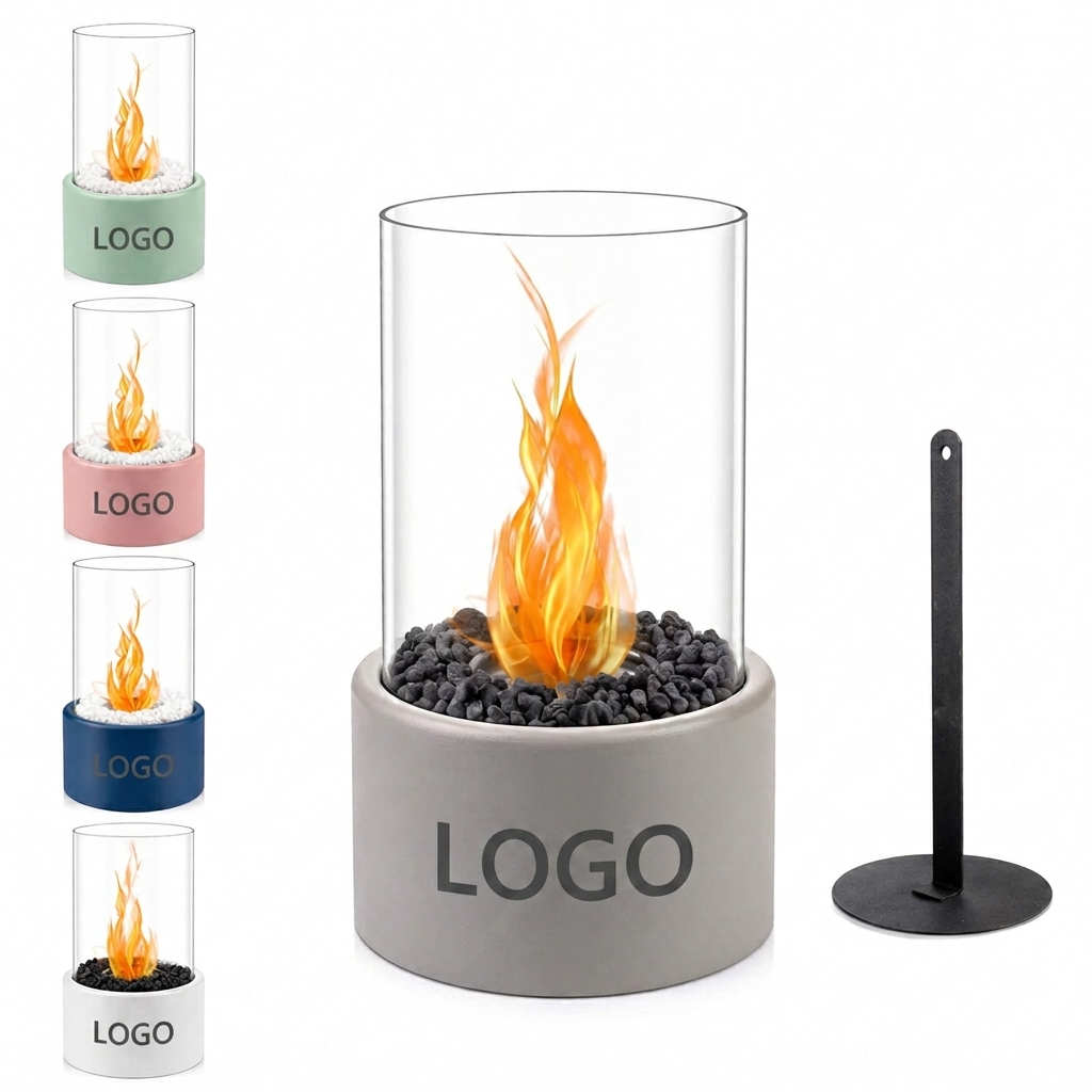 Minimalist Concrete Tabletop Fire Pit with Protective Glass Shield and Stones