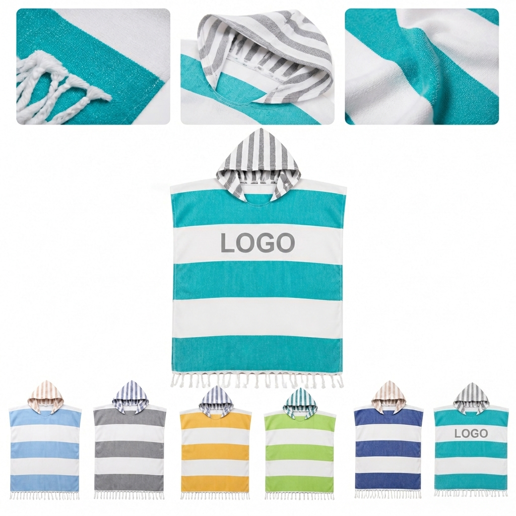 Striped Hooded Kids Poncho Towel with Tassel Hem