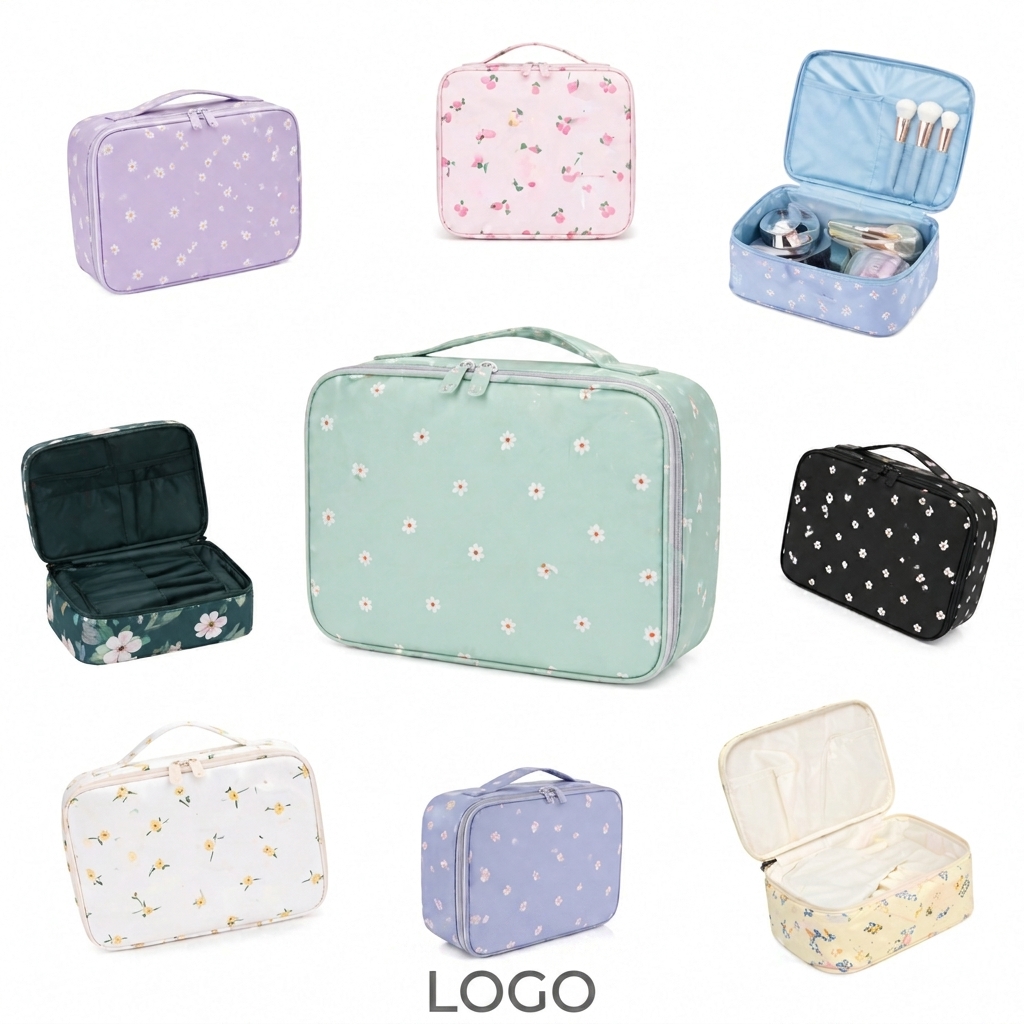 Floral Pattern Multi-Compartment Cosmetic Organizer with Integrated Brush Slots