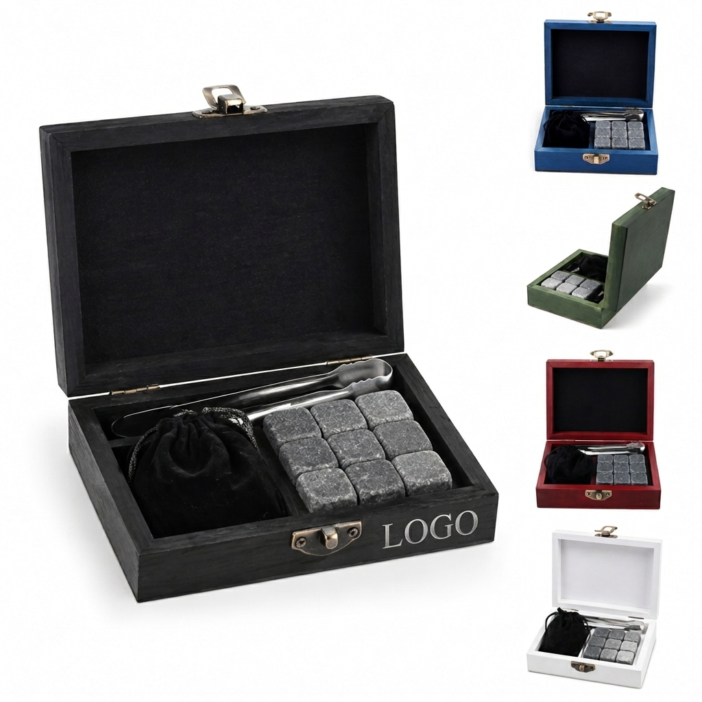 9-Piece Natural Granite Chilling Stone Set with Wooden Storage Case and Tongs