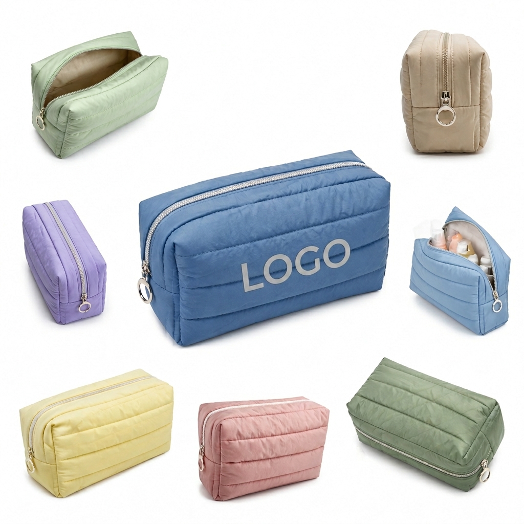 Soft Quilted Nylon Travel Cosmetic Case with Circular Zipper Pull