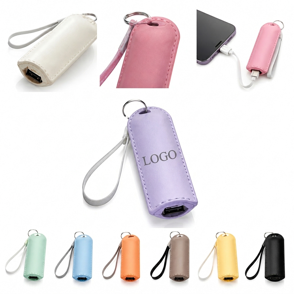 2600mAh Portable Power Bank with Synthetic Leather Wrap and Keychain