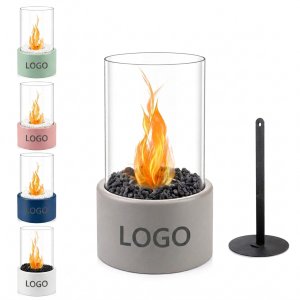 Minimalist Concrete Tabletop Fire Pit with Protective Glass Shield and Stones