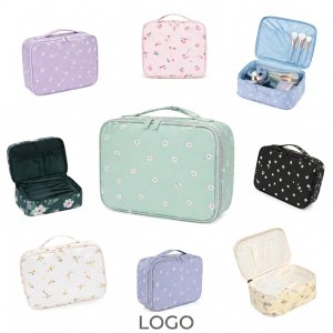 Floral Pattern Multi-Compartment Cosmetic Organizer with Integrated Brush Slots