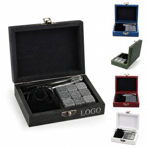 9-Piece Natural Granite Chilling Stone Set with Wooden Storage Case and Tongs